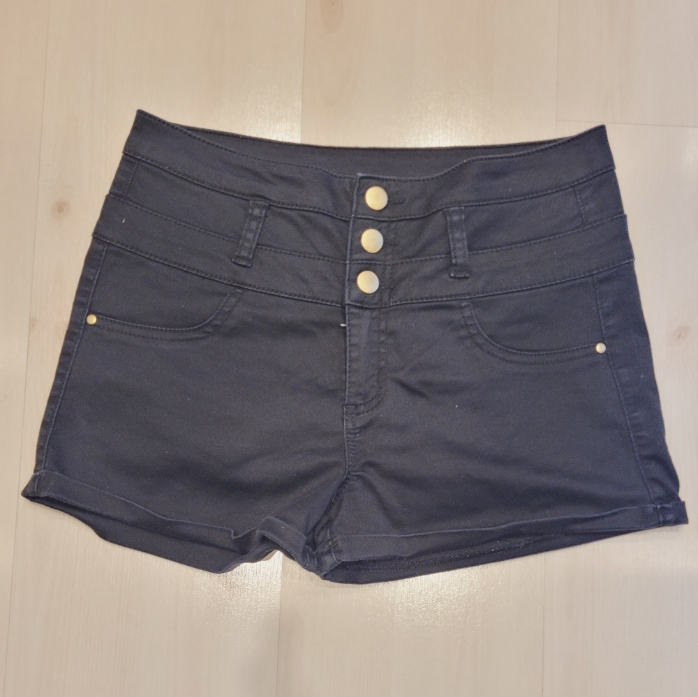 Refuge High Waisted Button Down Stretchy Black Shorts